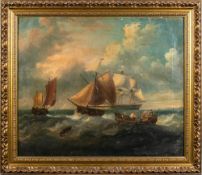 British School 19th Century- Shipping in a bay, oil on canvas, 63 x 75cm.