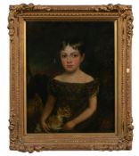 British School early 19th Century- Portrait of young girl in tartan holding a cat,