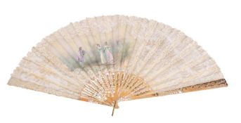 A 19th century lace and silk leaf decorated fan: with a painted scene of a gallant and two young
