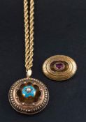 An Estruscan style gold locket pendant and a Greek key pattern locket brooch,