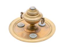 A late 19th Century brass inkstand: of circular outline with applied jasper ware circular plaques