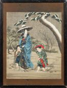 A Japanese painting on silk: depicting a courtesan and attendant,
