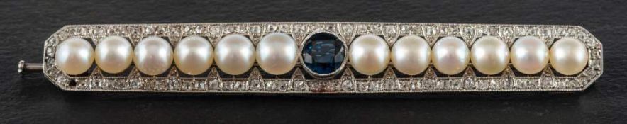 A Belle Epoque sapphire, natural saltwater pearl and single-cut diamond bar brooch,