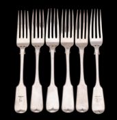 Six assorted provincial silver Fiddle pattern table forks, maker Robert Williams & Sons,