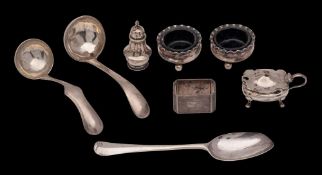 A collection of silver and continental silver wares: includes, a pair of salts, mustard pot and lid,