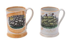 A Sunderland orange lustre frog mug and one similar: both with coloured prints of sailing ships,