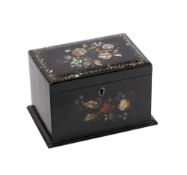 A Victorian papier-mache and inlaid tea caddy: of rectangular outline,