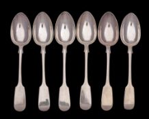 A set of six Victorian provincial silver Fiddle pattern dessert spoons, maker Joshiah Williams & Co,