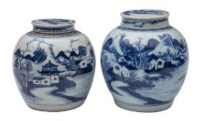 Two Chinese blue and white ovoid jars and covers: both painted with traditional lake landscapes,