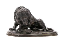 After Paul-Edouard Delabrierre (French 1829-1912), A patinated bronze lion attacking a crocodile:,