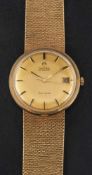 A 9ct gold Omega wristwatch: the gold dial signed Omega Automatic, Geneve, with a date aperture,
