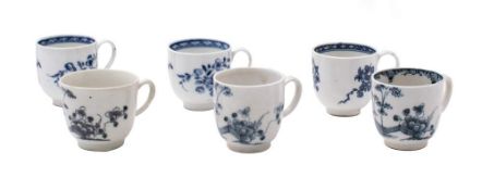A group of three Plymouth blue and white coffee cups and three similar Bristol coffee cups: the