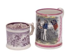 A Sunderland pink lustre 'Crimea' frog mug and a Cambrian pottery frog mug: the first with a