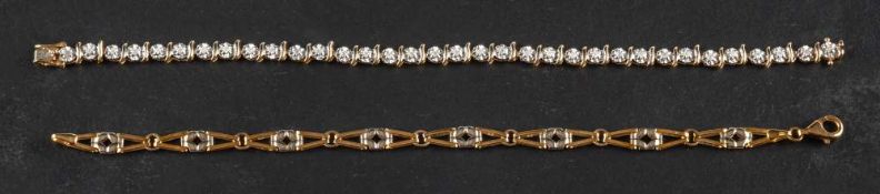 Two bi-colour, fancy-link bracelets,: including a 9ct gold single-cut diamond bracelet,