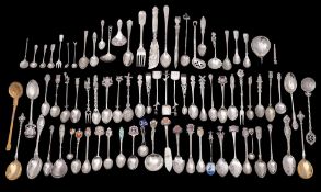 A collection of silver, continental silver and plated flatwares: includes caddy spoon,