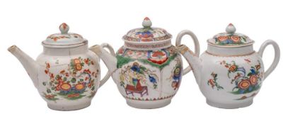 A group of three Plymouth 'famille verte' teapots and covers: one painted with the 'Dragons in