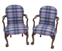 A pair of stained hardwood and Linwood wool plaid upholstered elbow chairs in George II style,