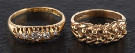 Two gold rings,: including an 18ct gold single and round, brilliant-cut diamond, five-stone ring,