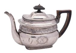 A George III silver teapot, maker John Rich, London, 1806: initialled, of barge-shaped outline,