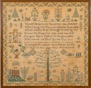 A William IV needlework sampler: with central verse enclosed by trees, shrubs, butterflies, birds,