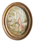 A Regency period silkwork picture: depicting a mother and child contained within an oval frame,