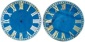 A pair of zinc turret clock dials: having gilt Roman numerals on a blue ground, diameter 178cm.