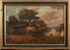 English School Circa 1900- Timber wagon and horses resting by a stream,;- oil on canvas, 49 x 74cm.
