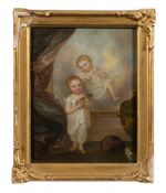 English School early 19th Century- Interior with child and kitten beside a painting and classical