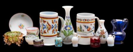 A mixed lot of glassware: including a 'Bristol' blue jug; two Central European milk glass tankards,