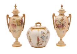 A pair of Royal Worcester two-handled vases and covers and a similar biscuit barrel and cover: all