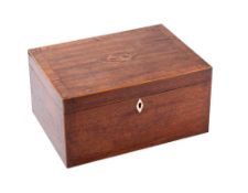 A 19th century mahogany, crossbanded and inlaid work box: of rectangular outline,