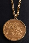 A full gold proof sovereign coin, 1995,: mounted as a pendant, to a 9ct gold,