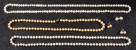 Two cultured pearl necklaces and associated pairs of earrings,: including a cultured pearl necklace,