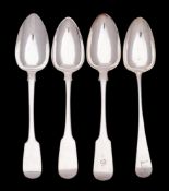 Four provincial silver Fiddle pattern tablespoons,