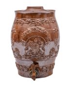 A 19th century brown stoneware one gallon spirit barrel: applied with the Royal Arms below a banner,
