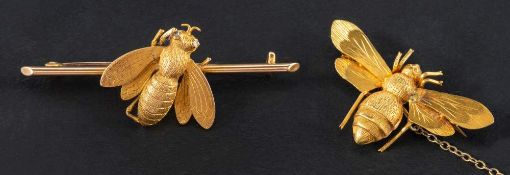 Two bee brooches,: including a bee bar brooch with rose-cut diamond eyes,