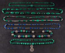 A collection of six bead necklaces,: including four of malachite,