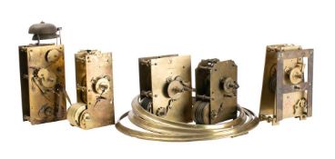 Five fusee movements and three cast-brass clock bezels: including Fredk.