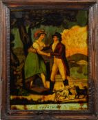 Two George III reverse painted mezzotints: 'Spring' 34 x 25cm. and 'Courtship', 24 x 18cm. (2).