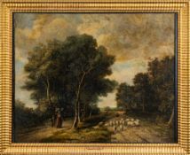 Circle of John Crome [early 19th Century] Sheep, shepherd and other figures on a woodland path,