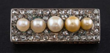 A pearl and rose-cut diamond rectangular brooch,: the pearls of white to yellow hue, diameters ca.