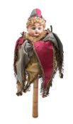 A 19th century German bisque-headed musical marotte: with fair mohair wig, fixed blue eyes,