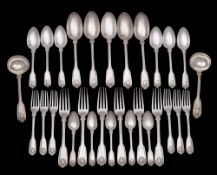 A William IV silver Fiddle Husk pattern part flatware service, maker William Eaton, London,