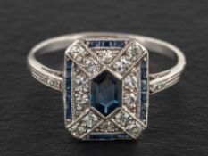 An Art Deco step and calibre-cut sapphire and single-cut diamond ring,