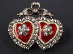 A Victorian, gold and silver, rose-cut diamond, red and white enamel entwined heart brooch,