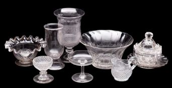 A mixed group of glassware: comprising a wrythen lobed and cut confiture, cover and stand,
