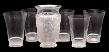 A Lalique Cristal glass vase and five similar tumblers: the clear and frosted 'Deauville' vase