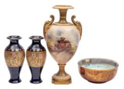 A group of art pottery: comprising a Royal Worcester vase painted with cattle in an upland