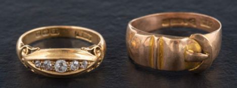 Two gold rings:, a 9ct gold buckle ring, with hallmarks for Chester, 1918, ring size R,