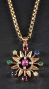 A starburst, vari-coloured gemset pendant and belcher-link chain,: the gemstones including round,